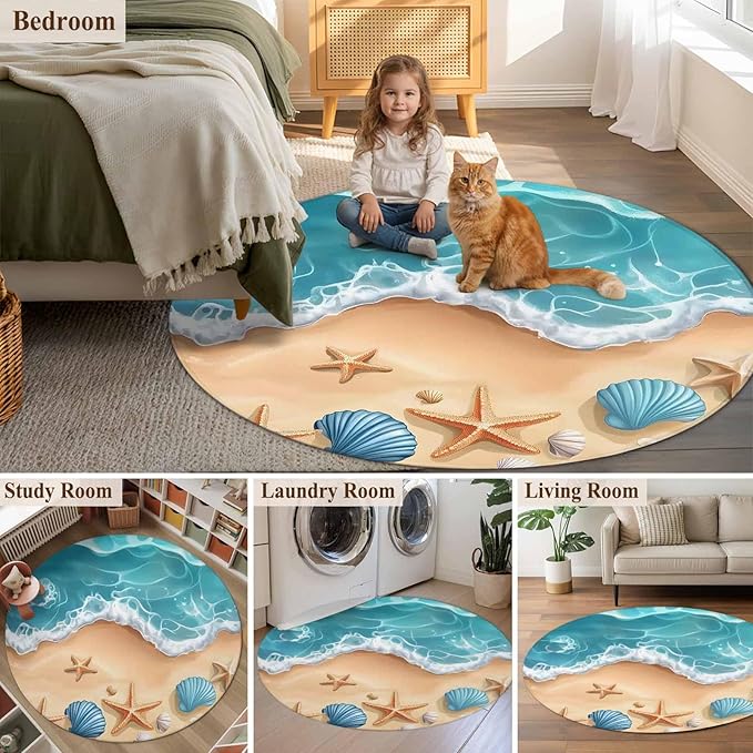 Washable Round Area Rug Summer Beach Shell Starfish Circle Rugs Floor Carpet for Living Room Bedroom, Marine Life Cartoon Style Soft Non Slip Round Rug 4ft