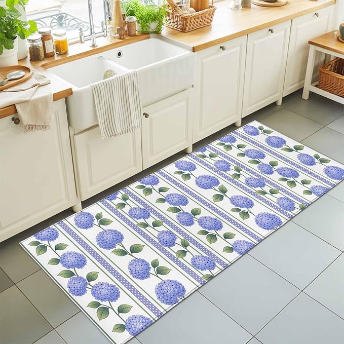 Runner Rug for Bedroom Hallway, Garden Purple Hydrangea Flower Kitchen Runner Rugs Area Rug 2x6ft, Watercolor Floral Leaves Washable Soft Floor Carpet for Entryway Stair