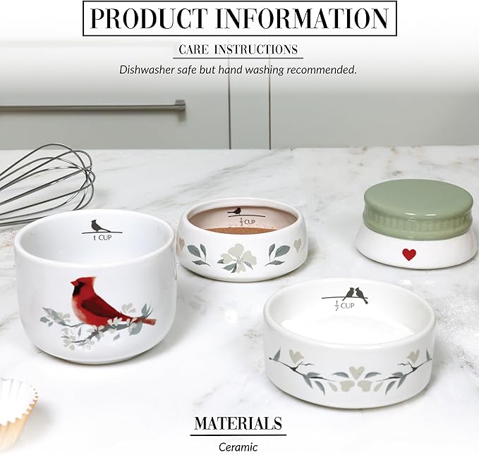 Pavilion Gift Company - Cardinal - 6.75" Stacked Measuring Cups Baking Cooking Bird Floral Kitchenware