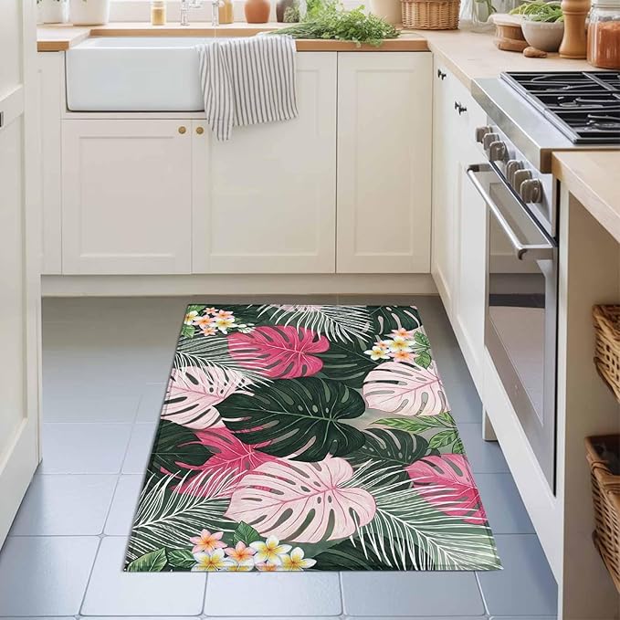 Area Rug 2x3ft, Summer Watercolor Pink Green Leaf Washable Rugs for Living Room Bedroom, Tropical Flower Leaves Plant Soft Non-Slip Area Rugs Rectangle Floor Carpet for Dining Room