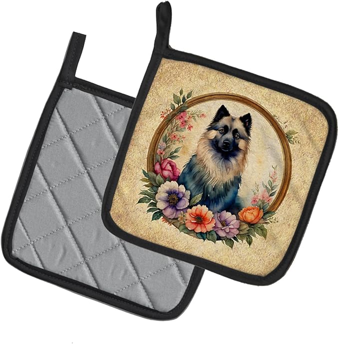 Caroline's Treasures Keeshond and Flowers Pair of Pot Holders Kitchen Heat Resistant Pot Holders Sets Oven Hot Pads for Cooking Baking BBQ, 7 1/2 x 7 1/2