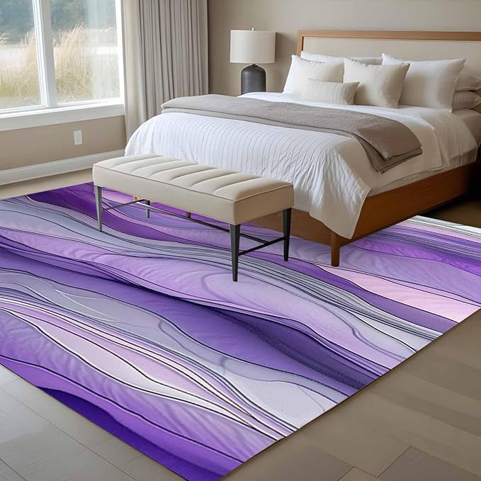 Area Rug 6x9ft, Abstract Art Purple Gray Wave Washable Rugs for Living Room Bedroom, Vintage Marble Texture Soft Non-Slip Area Rugs Rectangle Floor Carpet for Dining Room