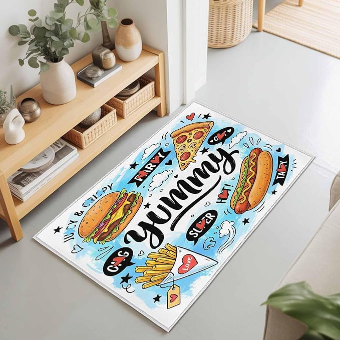 Area Rug 2x3ft, Cartoon Food Abstract Graffiti Washable Rugs for Living Room Bedroom, Blue Sky with Clouds Soft Non-Slip Area Rugs Rectangle Floor Carpet for Dining Room