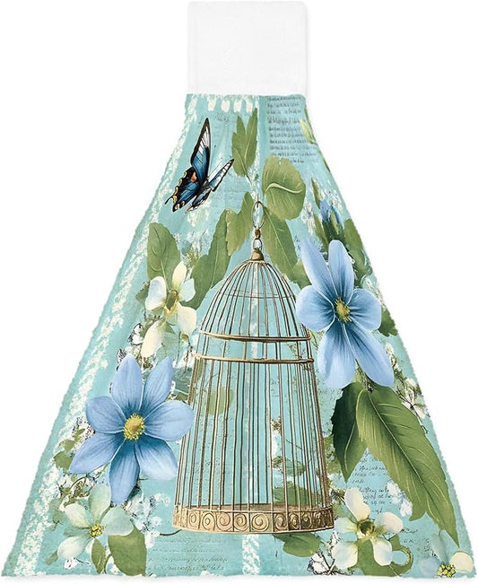 Alandar Home Kitchen Tie Towel Set of 1, Summer Flower Leaf Birdcage Absorbent Soft Hand Towels for Bathroom Hanging Towels, Retro Watercolor Butterfly Plant Fast Drying Cleaning Cloth with Loop