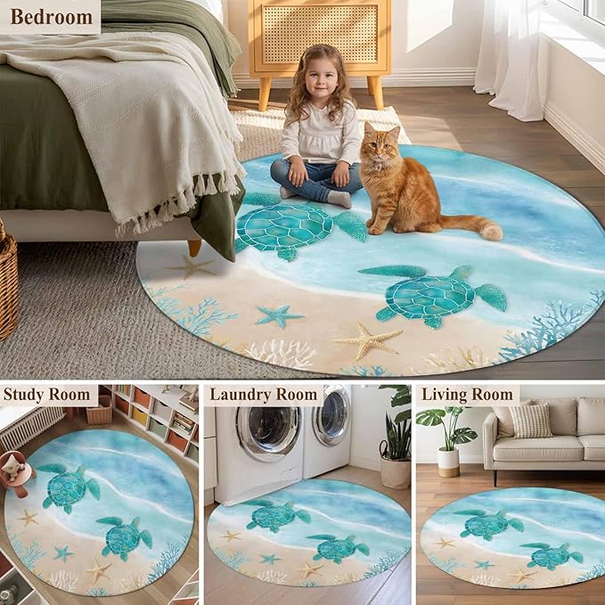Washable Round Area Rug Sea Turtle Starfish Coral Circle Rugs Floor Carpet for Living Room Bedroom, Summer Seaside Ocean Life Soft Non Slip Round Rug 5ft