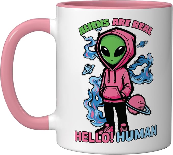 Aliens Are Real UFO Flying Saucer Grey Alien Sci-Fi Art Ceramic Mug, Pink/White