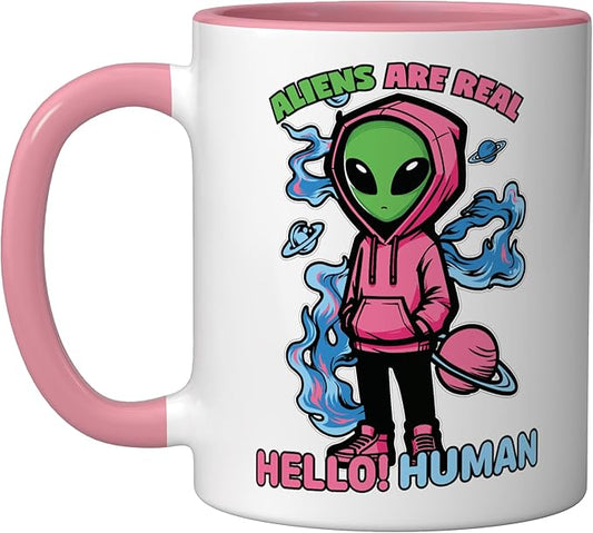 Aliens Are Real UFO Flying Saucer Grey Alien Sci-Fi Art Ceramic Mug, Pink/White