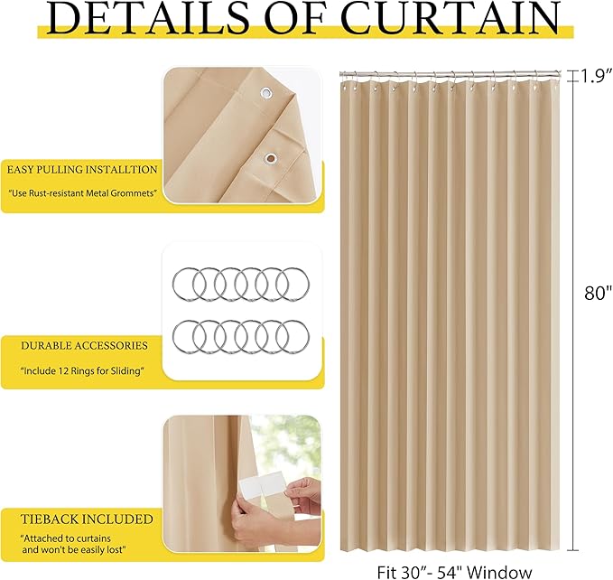 NICETOWN 80 Inches Long Curtain for Open Closet, Pleated Folding Curtains for Doorway, Privacy Room Divider for Bedroom Living Room Separation, 1 Panel with Hooks, W60 x L80, Biscotti Beige