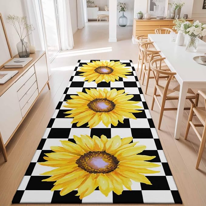 Runner Rug for Bedroom Hallway, Watercolor Sunflower on Checkered Kitchen Runner Rugs Area Rug 2x6ft, Yellow Black White Washable Soft Floor Carpet for Entryway Stair