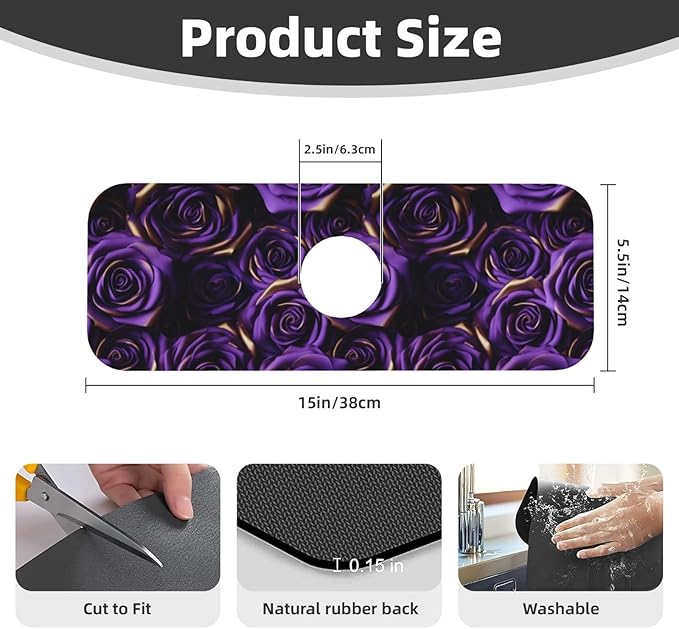 Purple Roses Kitchen Sink Splash Guard Faucet Mat Absorbent Faucet Draining Pad with Hole for Kitchen Bathroom 15" X 5.5"