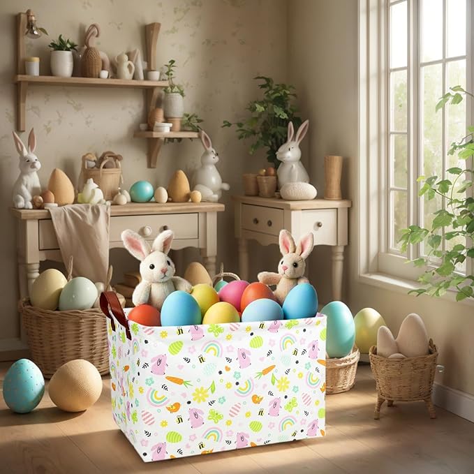 Kid Large Empty Easter Basket Personalized Fabric Bunny Easter Basket for Boy and Girl (Pink Rabbit Rainbow)