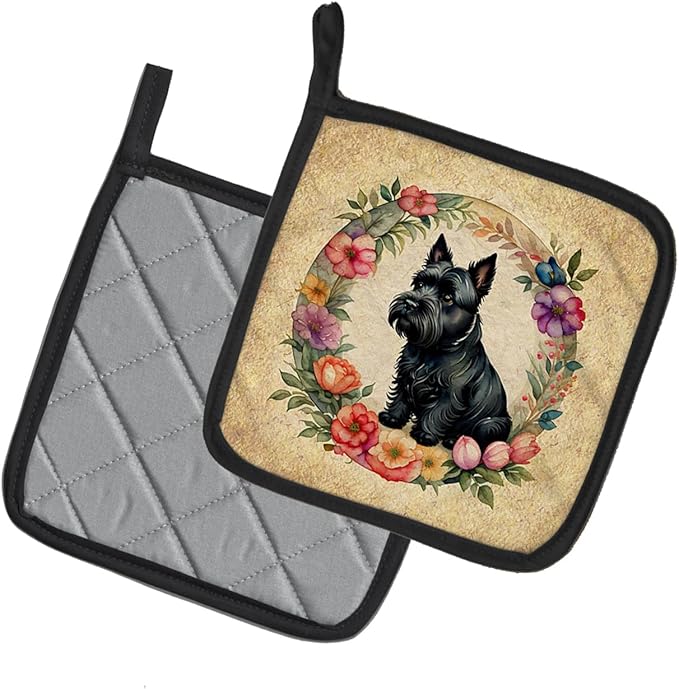 Caroline's Treasures Scottish Terrier and Flowers Pair of Pot Holders Kitchen Heat Resistant Pot Holders Sets Oven Hot Pads for Cooking Baking BBQ, 7 1/2 x 7 1/2
