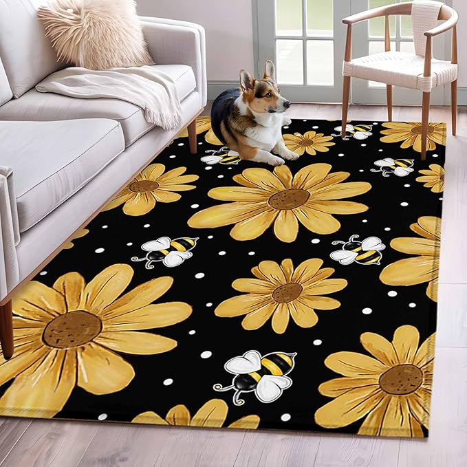 Area Rug 4x6ft, Summer Daisy Flower Bee on Black Washable Rugs for Living Room Bedroom, Spring Watercolor Floral Soft Non-Slip Area Rugs Rectangle Floor Carpet for Dining Room