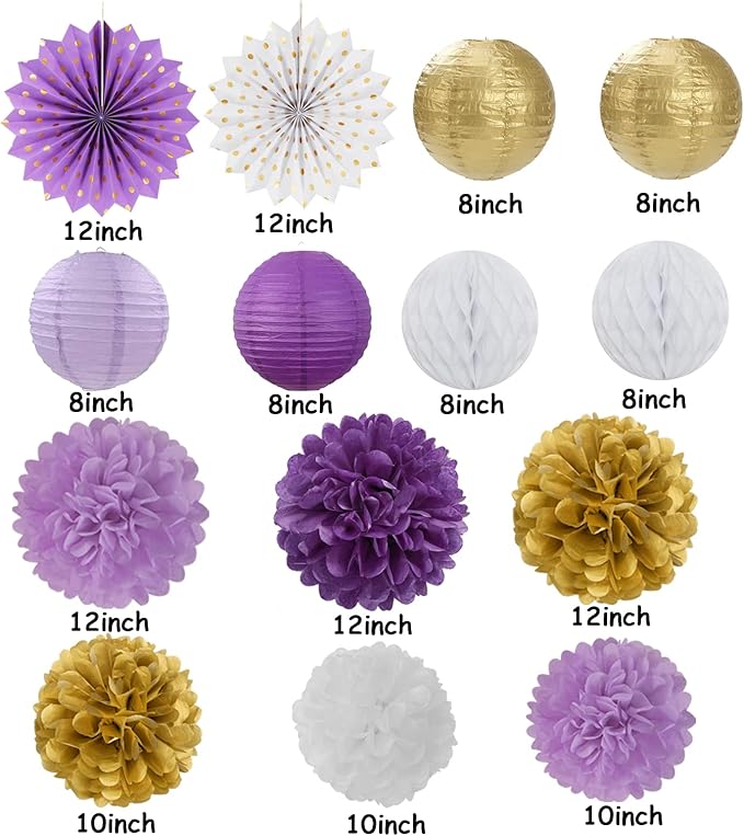 Purple-Gold Party Decorations Streamers Lanterns - 14pcs White Lavender Paper Fan Graduation Woman Birthday Wedding Bridal Shower Tissue Pom Poms,Honeycomb Balls Valentines day Decor Ouruola