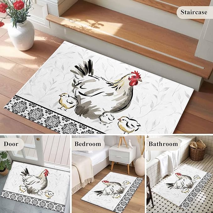 Area Rug 2x3ft, Country Farmhouse Rooster Washable Rugs for Living Room Bedroom, Watercolor Animal Flower Pattern Soft Non-Slip Area Rugs Rectangle Floor Carpet for Dining Room