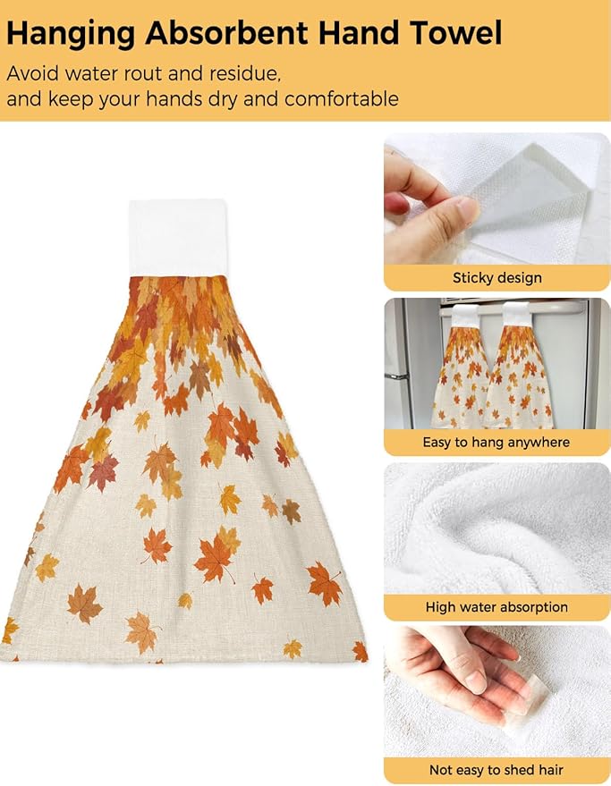 Alandar Home Kitchen Tie Towel Set of 2, Vintage Autumn Maple Leaves Absorbent Soft Hand Towels for Bathroom Hanging Towels, Countryside Farm Plants Fast Drying Cleaning Cloth with Loop