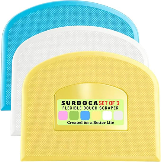 SURDOCA Dough Scraper Bench Scraper - 3P 4.7x3.7" Plastic Flexible Bowl Scraper, Sharp Edge & Angles Cake Scraper. Non-Slip Bakeware Decorating Tools Sculpting & Modeling Tools - Yellow+White+Blue