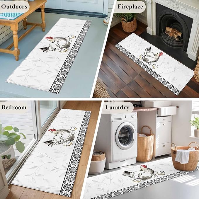 Runner Rug for Bedroom Hallway, Country Farmhouse Rooster Kitchen Runner Rugs Area Rug 2x6ft, Watercolor Animal Flower Pattern Washable Soft Floor Carpet for Entryway Stair