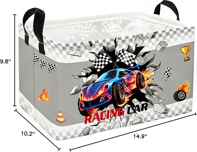 Essme Rectangular Kids Baskets,Car Storage Box,Cute Basket for Kids with Handles for Room Decor, Book Bins,Shelf Basket.(Blue Car)