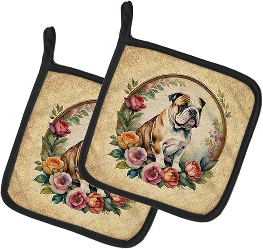 Caroline's Treasures English Bulldog and Flowers Pair of Pot Holders Kitchen Heat Resistant Pot Holders Sets Oven Hot Pads for Cooking Baking BBQ, 7 1/2 x 7 1/2
