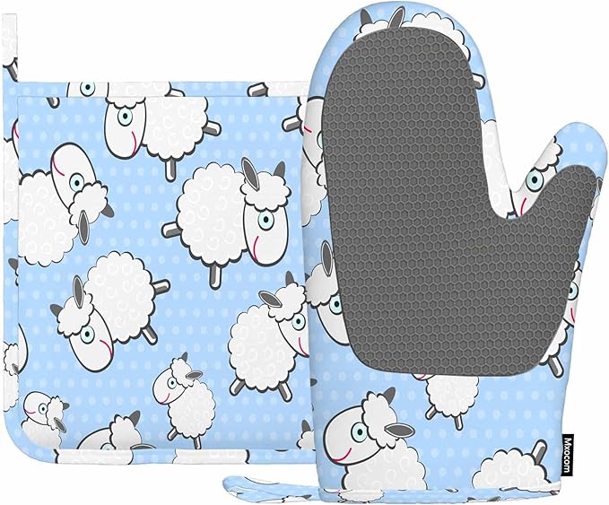 Mxocom Sheep Heat-Resistant Oven Mitts and Pot Holder Cute Animal White Sheep Llama Blue Polka Dots Kitchen Non-Slip Cooking Microwave Gloves for Cooking Baking Grilling