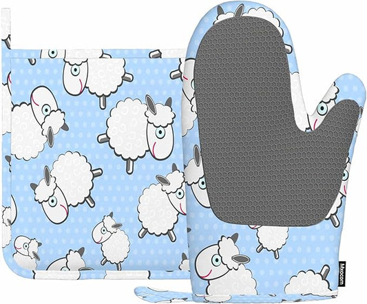 Mxocom Sheep Heat-Resistant Oven Mitts and Pot Holder Cute Animal White Sheep Llama Blue Polka Dots Kitchen Non-Slip Cooking Microwave Gloves for Cooking Baking Grilling
