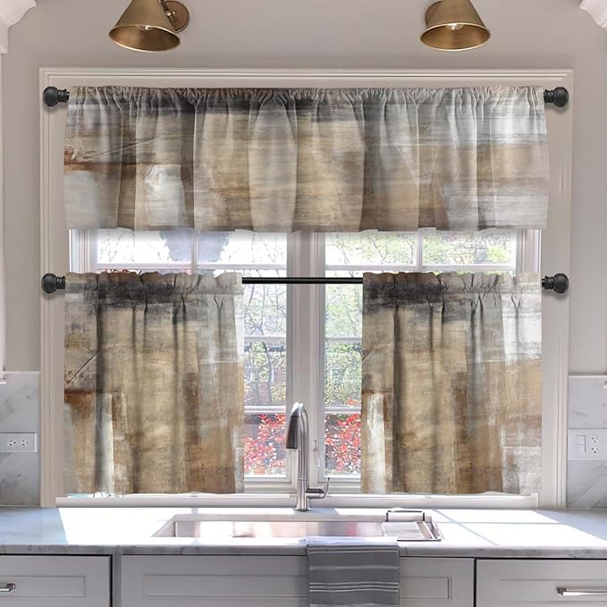 MCALK Brown Blackout Kitchen Curtains Tiers and Valances for Windows, Beige Kitchen Window Curtains, Modern Abstract Art Valances for Living Room (36" Tiers Set)