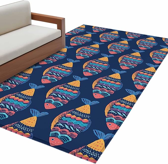 Area Rug 3x5ft, Ethnic Style Ocean Fish Washable Rugs for Living Room Bedroom, Watercolor Marine Life on Navy Blue Soft Non-Slip Area Rugs Rectangle Floor Carpet for Dining Room