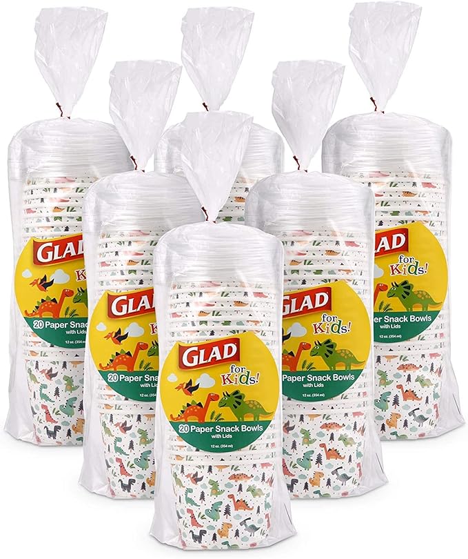 Glad for Kids Dinosaurs Paper Snack Bowls, Colorful Heavy Duty Microwave Safe Disposable Bowls for Soup, Ice Cream, and Snacks, Lids Included, Multicolor, Party Pack, 12 Oz, 20 Count - 6 Pack