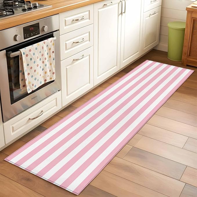 Runner Rug for Bedroom Hallway, Pink White Stripe Kitchen Runner Rugs Area Rug 2x6ft, Classic Geometric Line Washable Soft Floor Carpet for Entryway Stair