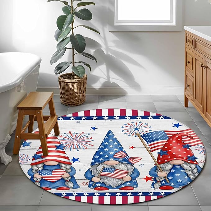 Washable Round Area Rug Independence Day USA Flag Star Dwarf Circle Rugs Floor Carpet for Living Room Bedroom, Stripes on Wood Grain Soft Non Slip Round Rug 4ft