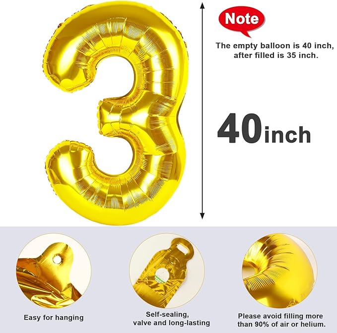 Numbers Balloon 3, 40 Inch Gold Balloon for Three Year Old Birthday Decor, 3 13 30 31 Birthday Party Decorations for Wedding Graduation Engagement