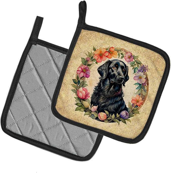 Caroline's Treasures Flat-Coated Retriever and Flowers Pair of Pot Holders Kitchen Heat Resistant Pot Holders Sets Oven Hot Pads for Cooking Baking BBQ, 7 1/2 x 7 1/2
