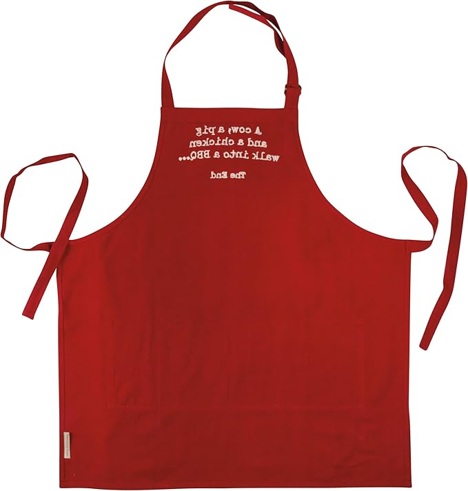 Primitives by Kathy Funny Cooking & Grilling Apron with Pockets, 100% Cotton, Vintage Farm Animal Design, Embroidered Sentiment, Adjustable Neck and Waist, Machine Washable, Red