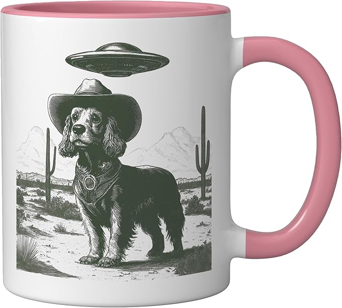 Funny Cowboy Dog UFO Alien Desert Cactus Western Canine Ceramic Mug, Pink/White