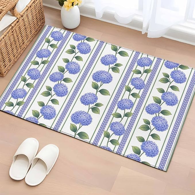 Area Rug 2x3ft, Garden Purple Hydrangea Flower Washable Rugs for Living Room Bedroom, Watercolor Floral Leaves Soft Non-Slip Area Rugs Rectangle Floor Carpet for Dining Room