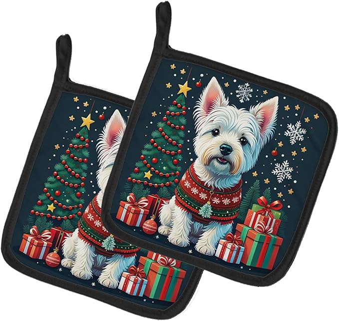 Caroline's Treasures Westie Christmas Pair of Pot Holders Kitchen Heat Resistant Pot Holders Sets Oven Hot Pads for Cooking Baking BBQ, 7 1/2 x 7 1/2