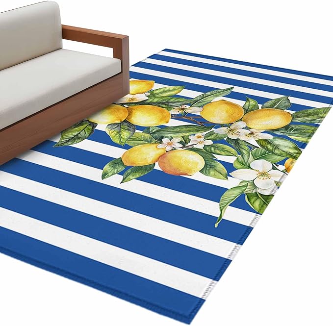 Area Rug 4x6ft, Summer Lemon Green Leaves Watercolor Washable Rugs for Living Room Bedroom, Blue Stripe Soft Non-Slip Area Rugs Rectangle Floor Carpet for Dining Room