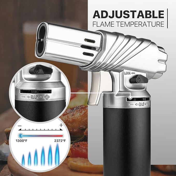 mollie Mini Butane Torch Lighter with Adjustable Flame, Small Refillable Kitchen Cooking Blow Torch for Creme Brulee, Windproof Baking Torch with Safety Lock, Silver (Butane Gas Not Included)