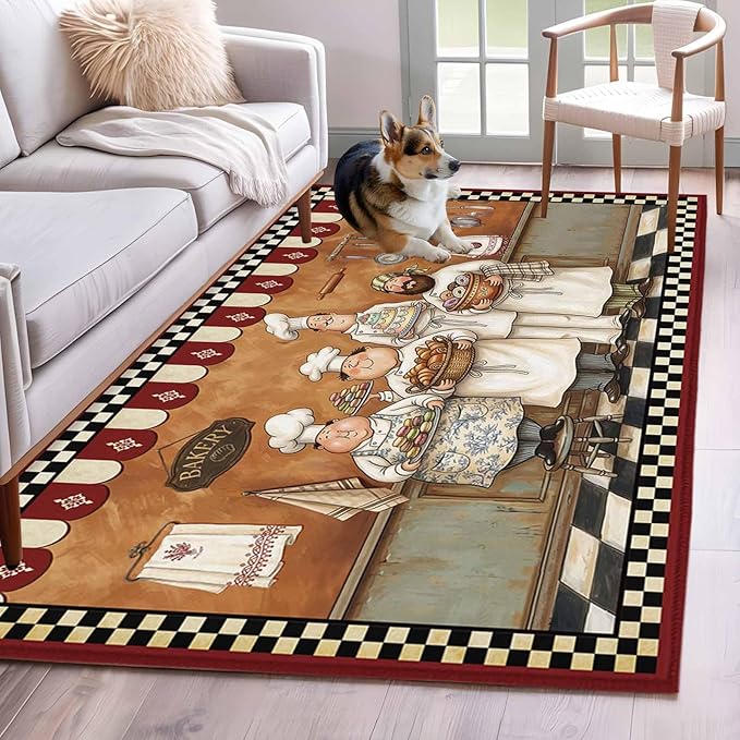 Area Rug 4x6ft, Farmhouse Cartoon Chef Washable Rugs for Living Room Bedroom, Cooking Theme Black White Checkered Soft Non-Slip Area Rugs Rectangle Floor Carpet for Dining Room