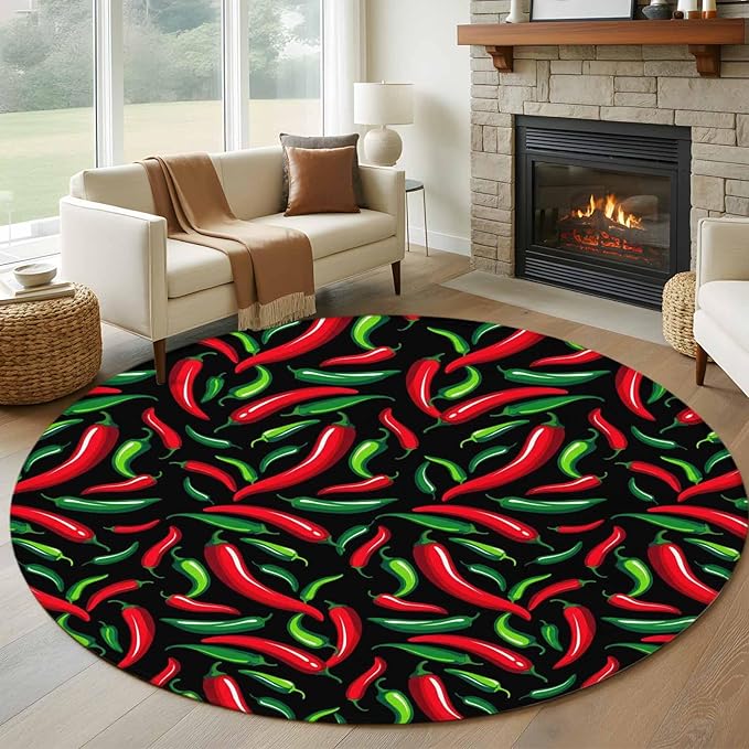 Washable Round Area Rug Spicy Chili Pepper Pattern Circle Rugs Floor Carpet for Living Room Bedroom, Red Green Peppers on Black Soft Non Slip Round Rug 5ft