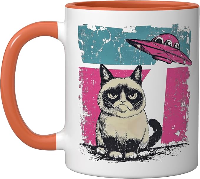 Retro UFO Ragdoll Cat Alien Sci Fi Space Funny Ceramic Mug, Orange/White
