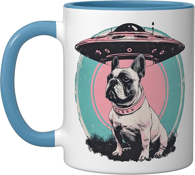 Retro UFO French Bulldog Alien Sci Fi Space Ceramic Mug, Blue/White