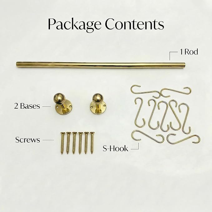 Unlacquered Solid Brass Pot Rail with S Hooks – Wall Mounted Pot Rack Rod for Pots & Pans, Kitchen Organizer, Vintage Brass Hanging Rail (60 inch (16 S-Hooks))