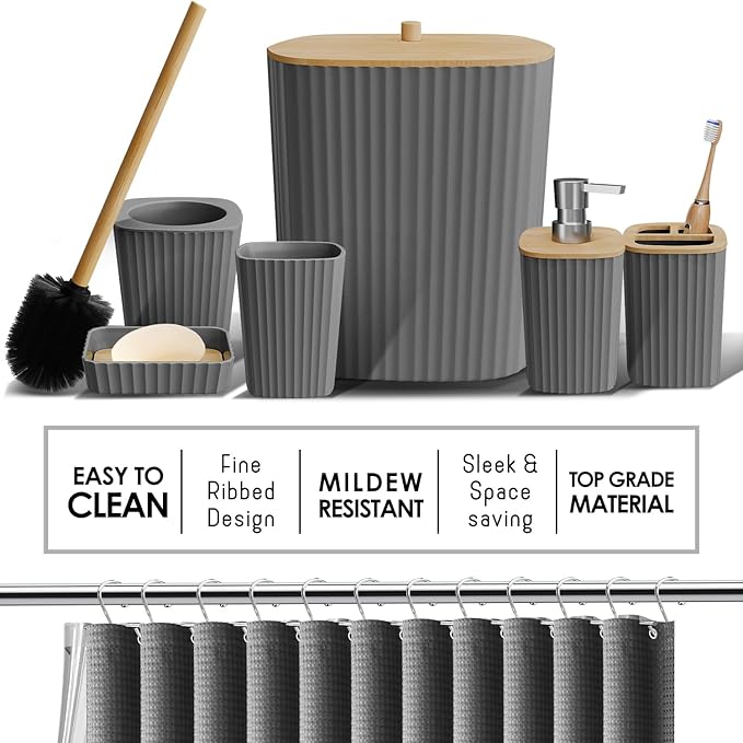 Clara Clark Bathroom Accessories Set - Bathroom Set, Bathroom Sets with Shower Curtain and Rugs, Shower Curtain Set with Bathroom Trash Can - Ombre Grey - 22PC