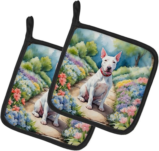 Caroline's Treasures Bull Terrier Spring Path Pair of Pot Holders Kitchen Heat Resistant Pot Holders Sets Oven Hot Pads for Cooking Baking BBQ, 7 1/2 x 7 1/2