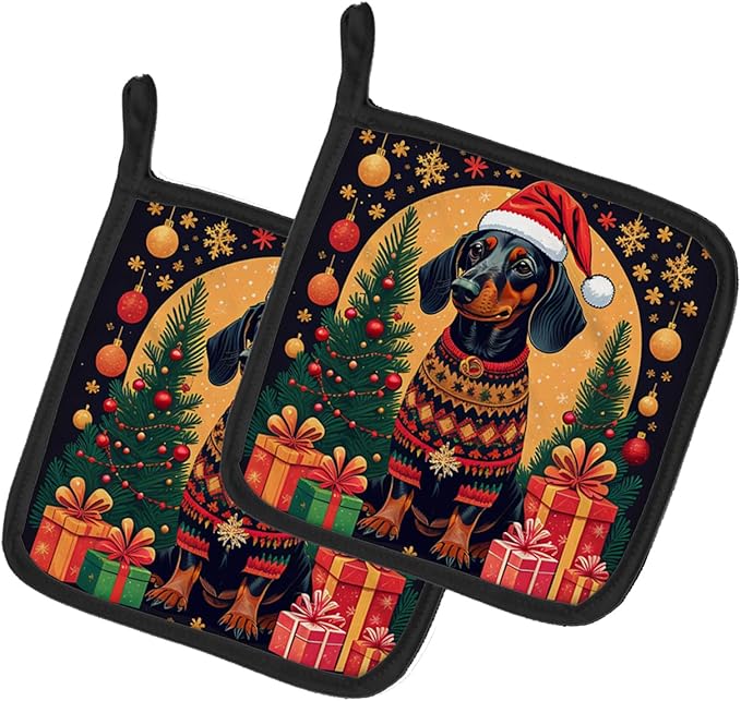 Caroline's Treasures Black and Tan Dachshund Christmas Pair of Pot Holders Kitchen Heat Resistant Pot Holders Sets Oven Hot Pads for Cooking Baking BBQ, 7 1/2 x 7 1/2