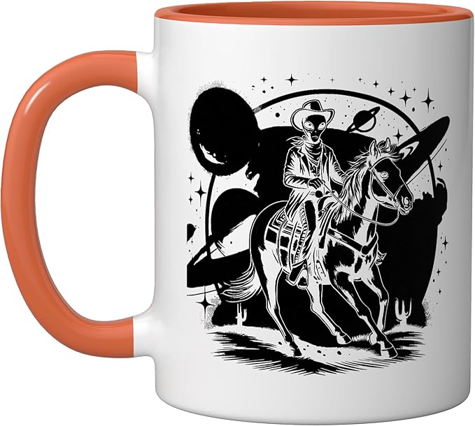 Alien Lover Flying Saucer UFO Extraterrestrial Cowboy Ceramic Mug, Orange/White