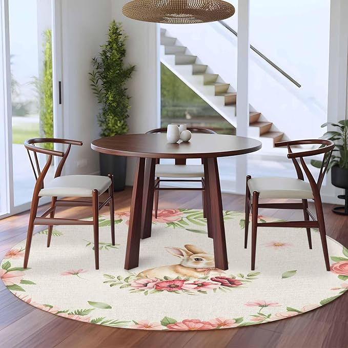 Washable Round Area Rug Retro Easter Rabbit on Linen Circle Rugs Floor Carpet for Living Room Bedroom, Spring Pastoral Pink Flower Leaf Soft Non Slip Round Rug 5ft