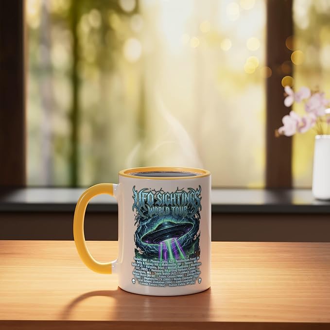 Vintage UFO Sightings World-Tour Cool-Looking Heavy-Metal Ceramic Mug, Yellow/White
